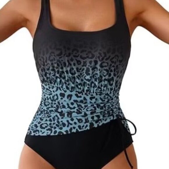 Eomenie. 1-piece swimsuit. Tummy Control. Ruched. Leopard/Blue Gradient. S - Picture 2 of 12